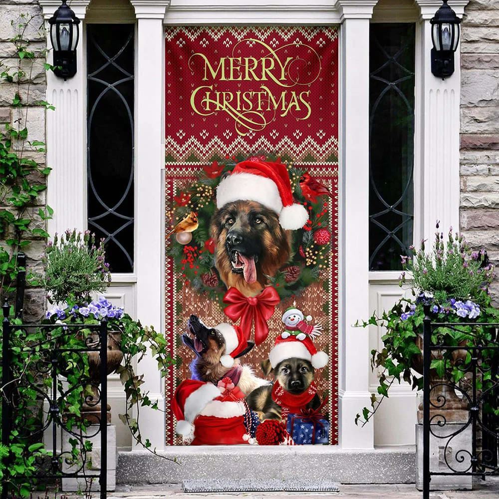 German Shepherd Happy House Christmas Door Cover, Christmas Garage Door Covers, Christmas Outdoor Decoration