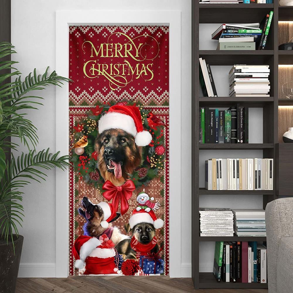 German Shepherd Happy House Christmas Door Cover, Christmas Garage Door Covers, Christmas Outdoor Decoration