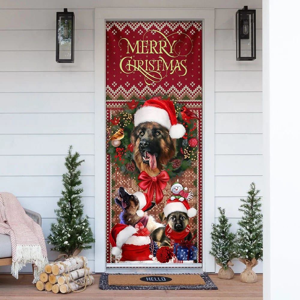 German Shepherd Happy House Christmas Door Cover, Christmas Garage Door Covers, Christmas Outdoor Decoration