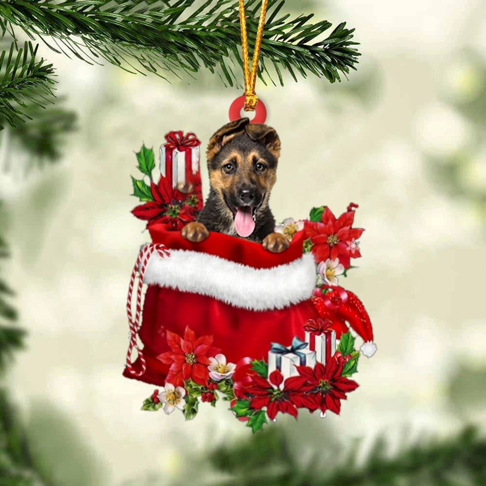 German Shepherd In Gift Bag Christmas Ornament, Christmas Gift, Christmas Tree Decorations, Christmas Ornament 2023