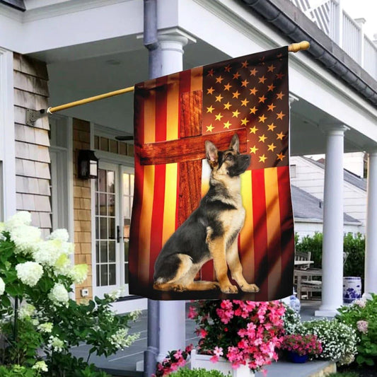German Shepherd Jesus Cross American US House Flags, Christian Flag, Scripture Flag, Garden Banner