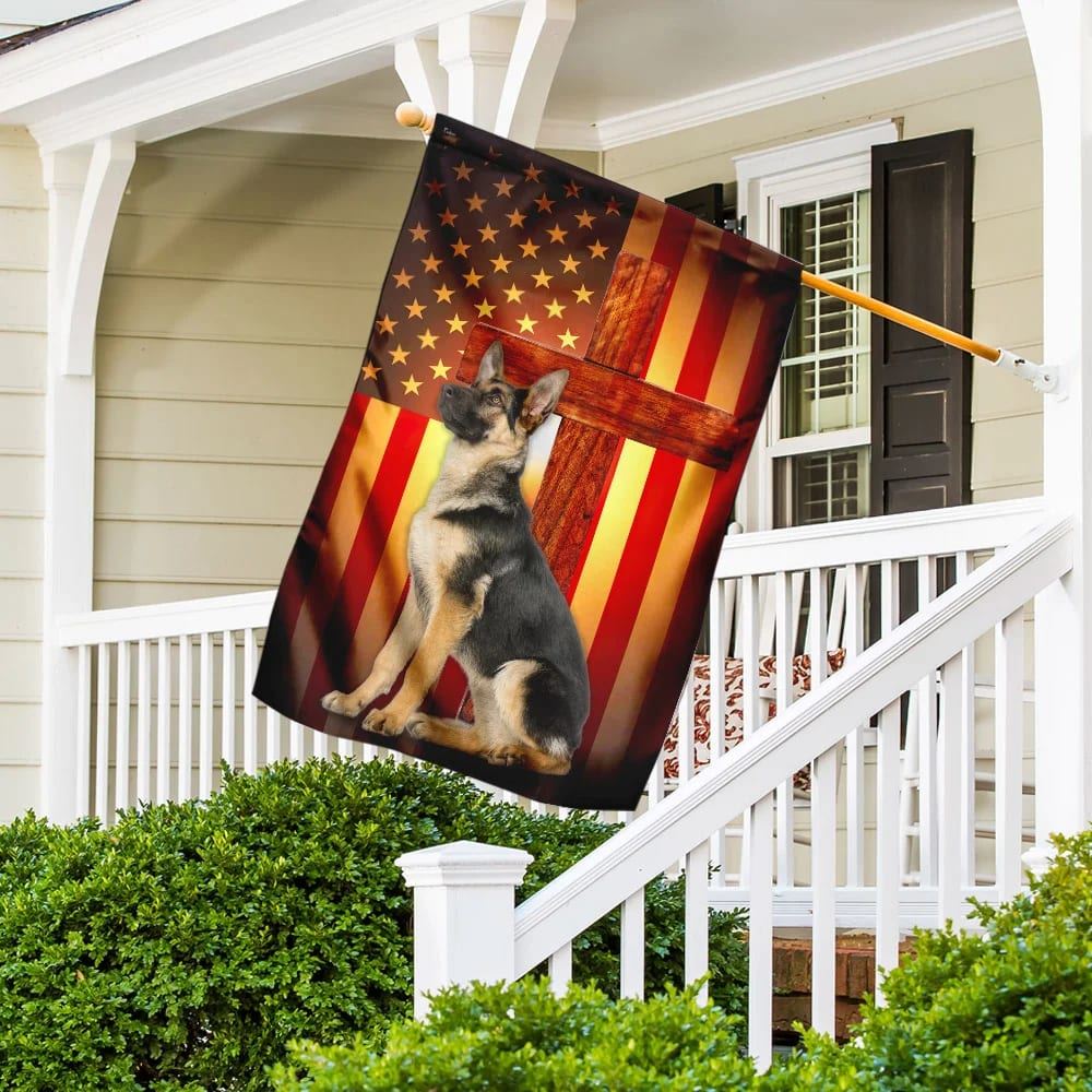 German Shepherd Jesus Cross American US House Flags, Christian Flag, Scripture Flag, Garden Banner