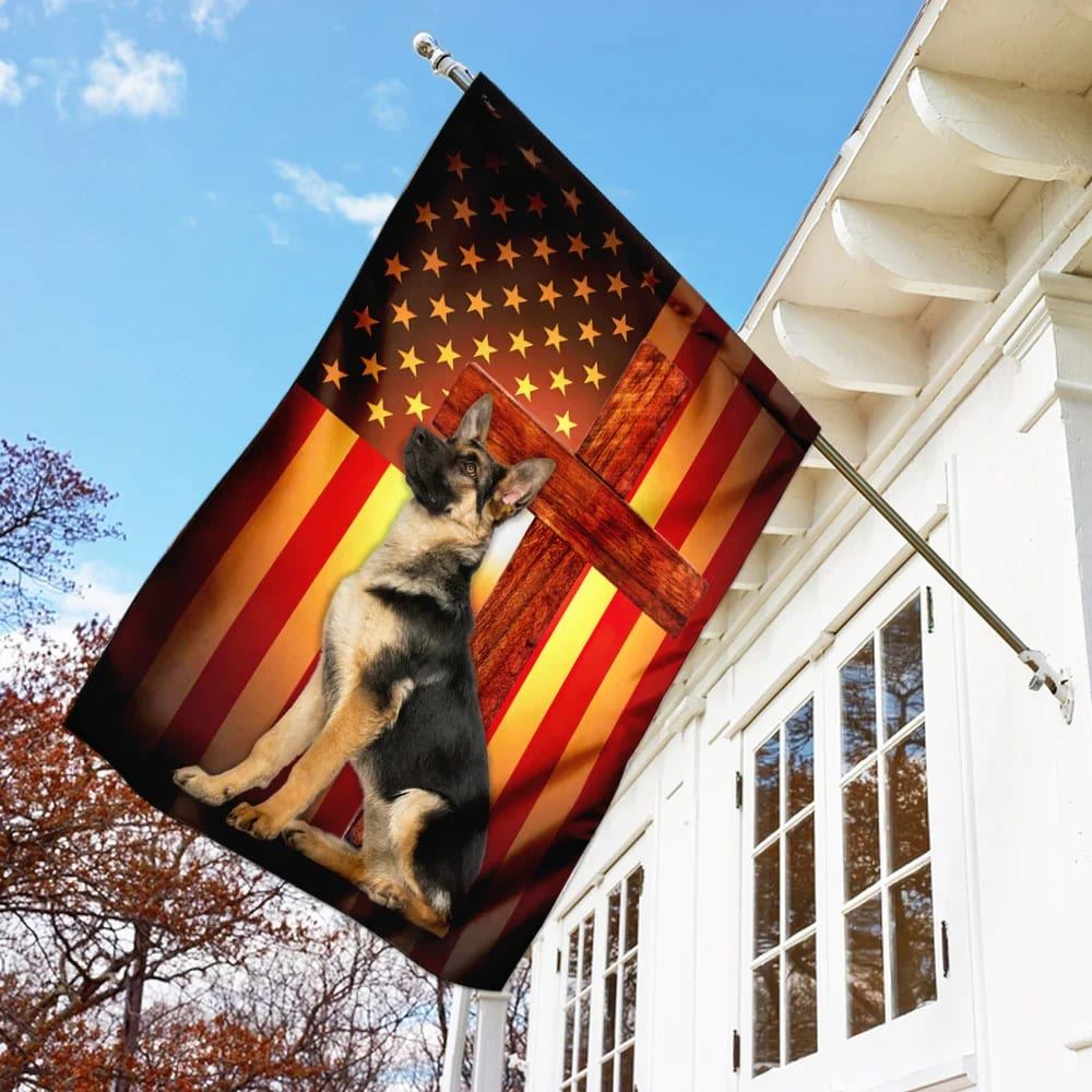 German Shepherd Jesus Cross American US House Flags, Christian Flag, Scripture Flag, Garden Banner