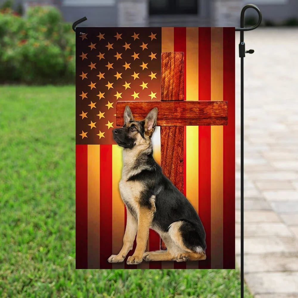 German Shepherd Jesus Cross American US House Flags, Christian Flag, Scripture Flag, Garden Banner