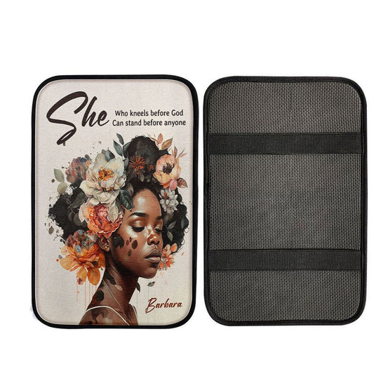 Gift For Women Of God She Who Kneels Before God Can Stand Before Anyone Personalized Car Center Console Cover, Christian Car Accessories