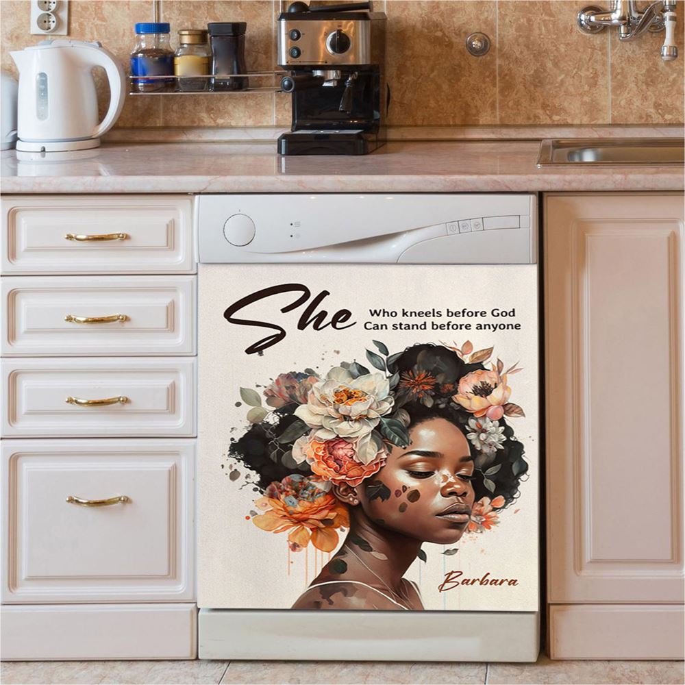 Gift For Women Of God She Who Kneels Before God Can Stand Before Anyone Personalized Dishwasher Cover