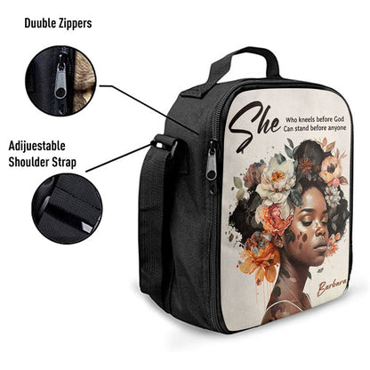 Gift For Women Of God She Who Kneels Before God Can Stand Before Anyone Personalized Lunch Bag, Christian Lunch Bag For School, Picnic
