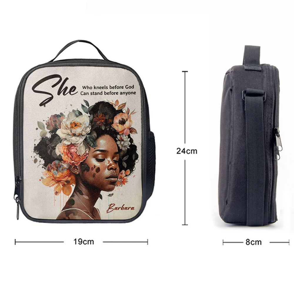 Gift For Women Of God She Who Kneels Before God Can Stand Before Anyone Personalized Lunch Bag, Christian Lunch Bag For School, Picnic