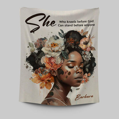 Gift For Women Of God She Who Kneels Before God Can Stand Before Anyone Personalized Tapestry Wall Art