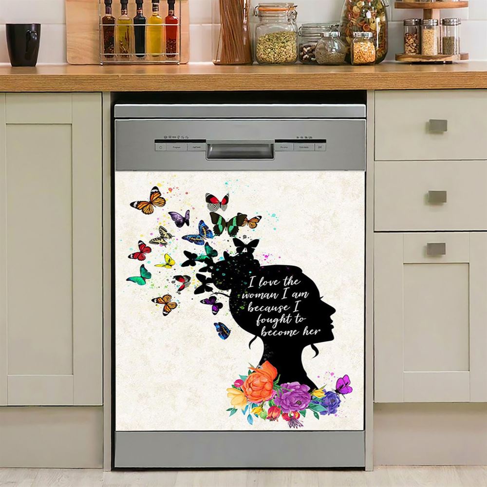 Girl I Love The Woman I'Ve Become Dishwasher Cover, Boho Hippie Butterfly Décor