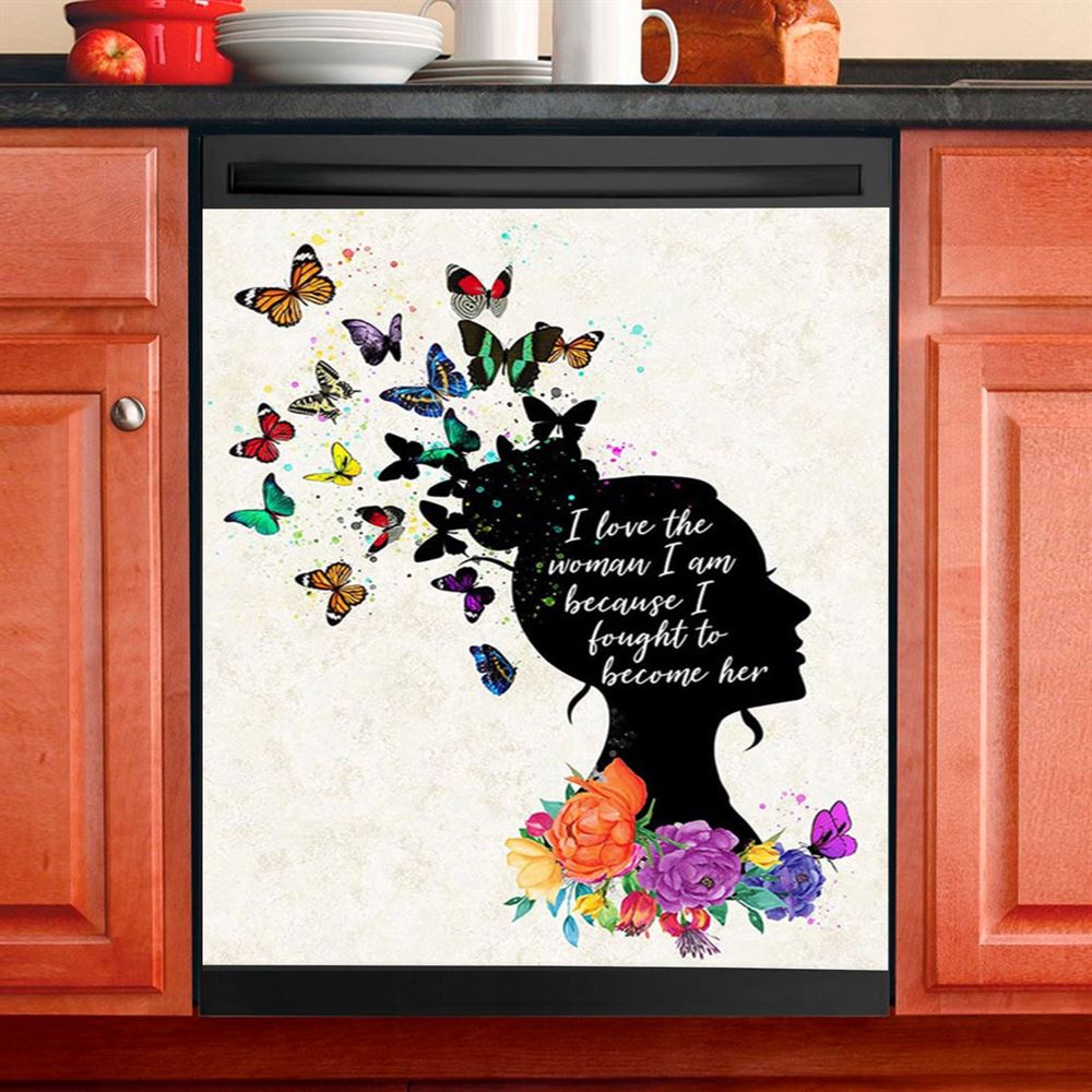 Girl I Love The Woman I'Ve Become Dishwasher Cover, Boho Hippie Butterfly Décor