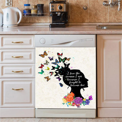 Girl I Love The Woman I'Ve Become Dishwasher Cover, Boho Hippie Butterfly Décor