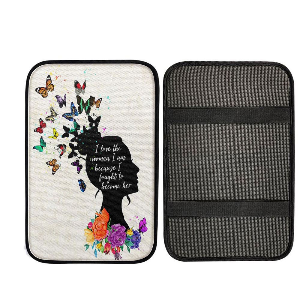 Girl I Love The Woman I've Become Car Center Console Cover - Boho Hippie Butterfly, Religious Car Interior Accessories