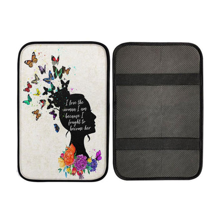 Girl I Love The Woman I've Become Car Center Console Cover - Boho Hippie Butterfly, Religious Car Interior Accessories