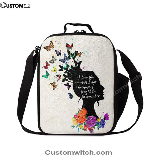 Girl I Love The Woman I've Become Lunch Bag, Boho Hippie Butterfly Decor