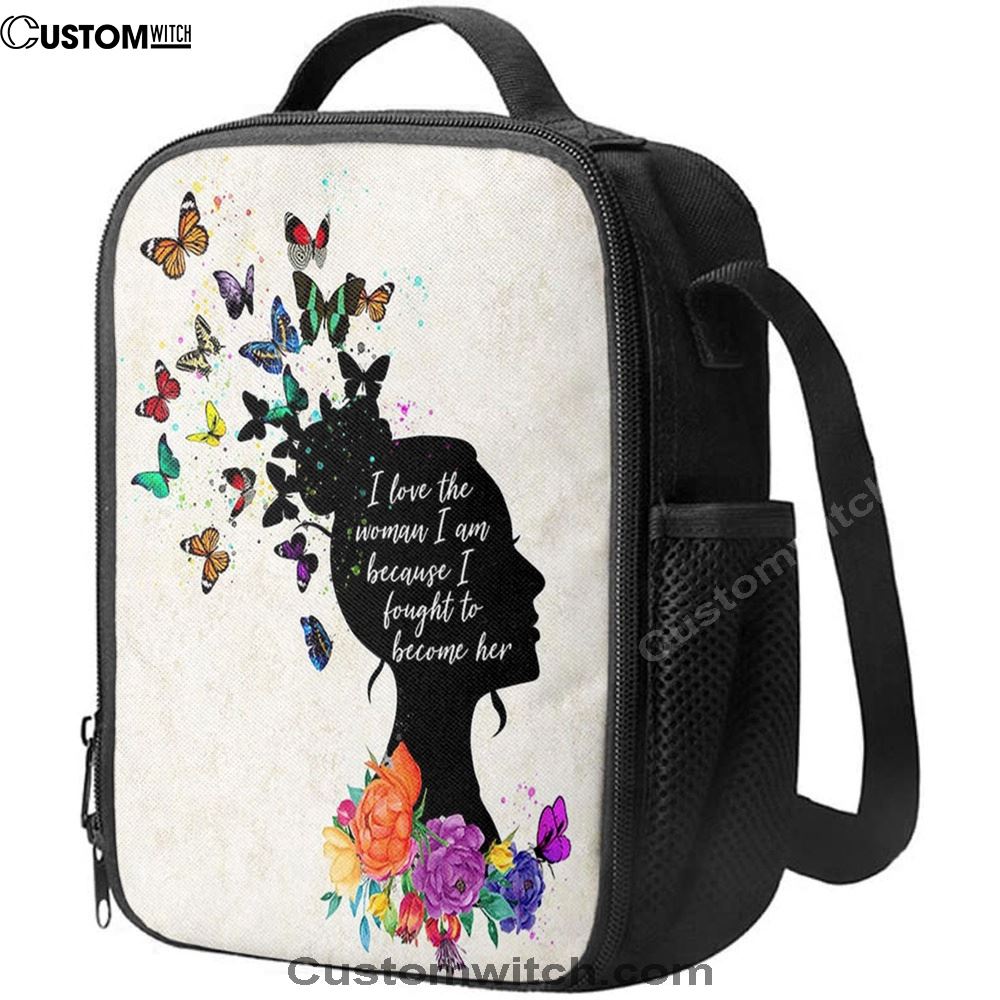 Girl I Love The Woman I've Become Lunch Bag, Boho Hippie Butterfly Decor