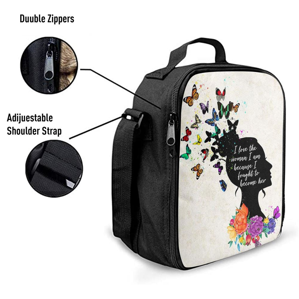 Girl I Love The Woman I've Become Lunch Bag, Boho Hippie Butterfly Decor