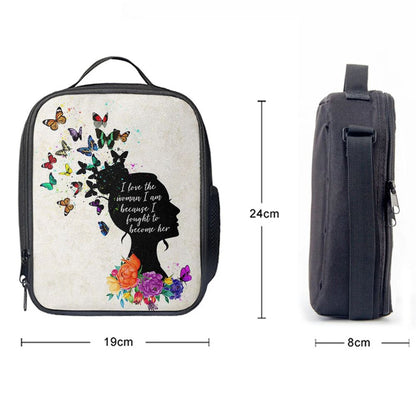 Girl I Love The Woman I've Become Lunch Bag, Boho Hippie Butterfly Decor