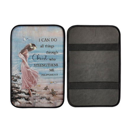 Girl In The Beach Turtle Blue Beach Car Armrest Pad - I Can Do All Things Through Christ Car Center Console Cover, Christian Car Accessories