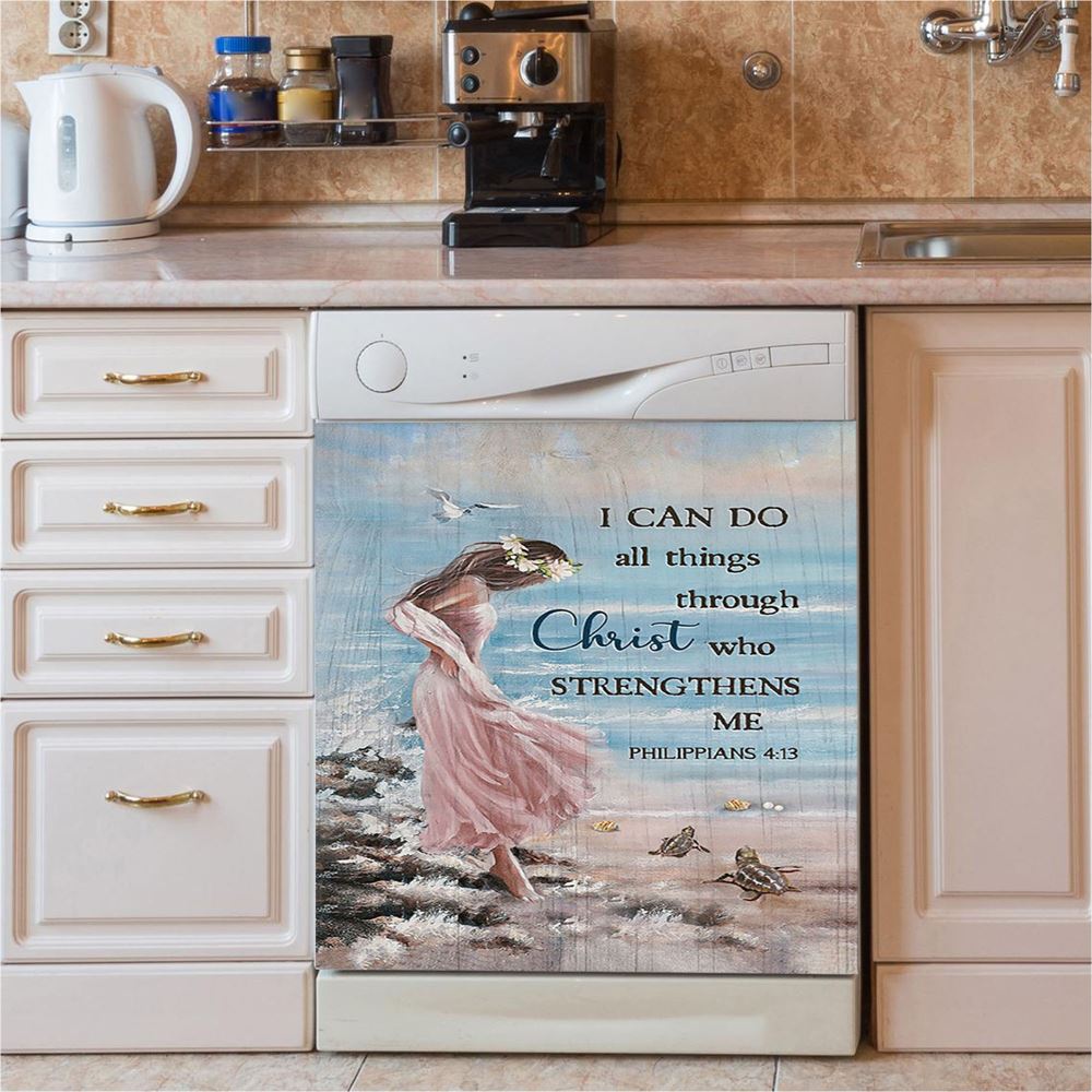Girl In The Beach Turtle Blue Beach Dishwasher Cover, I Can Do All Things Through Christ Dishwasher Magnet Cover, Bible Verse Kitchen Decor