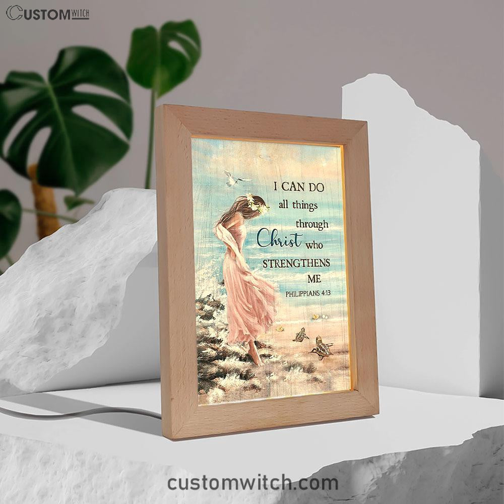 Girl In The Beach Turtle Blue Beach Frame Lamp - I Can Do All Things Through Christ Frame Lamp Art - Bible Verse Wooden Lamp