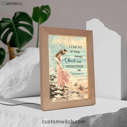 Girl In The Beach Turtle Blue Beach Frame Lamp - I Can Do All Things Through Christ Frame Lamp Art - Bible Verse Wooden Lamp