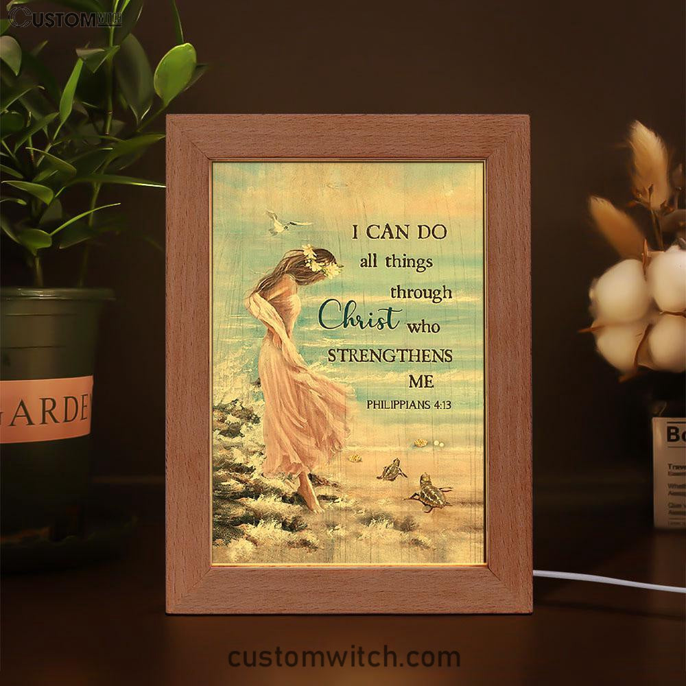 Girl In The Beach Turtle Blue Beach Frame Lamp - I Can Do All Things Through Christ Frame Lamp Art - Bible Verse Wooden Lamp