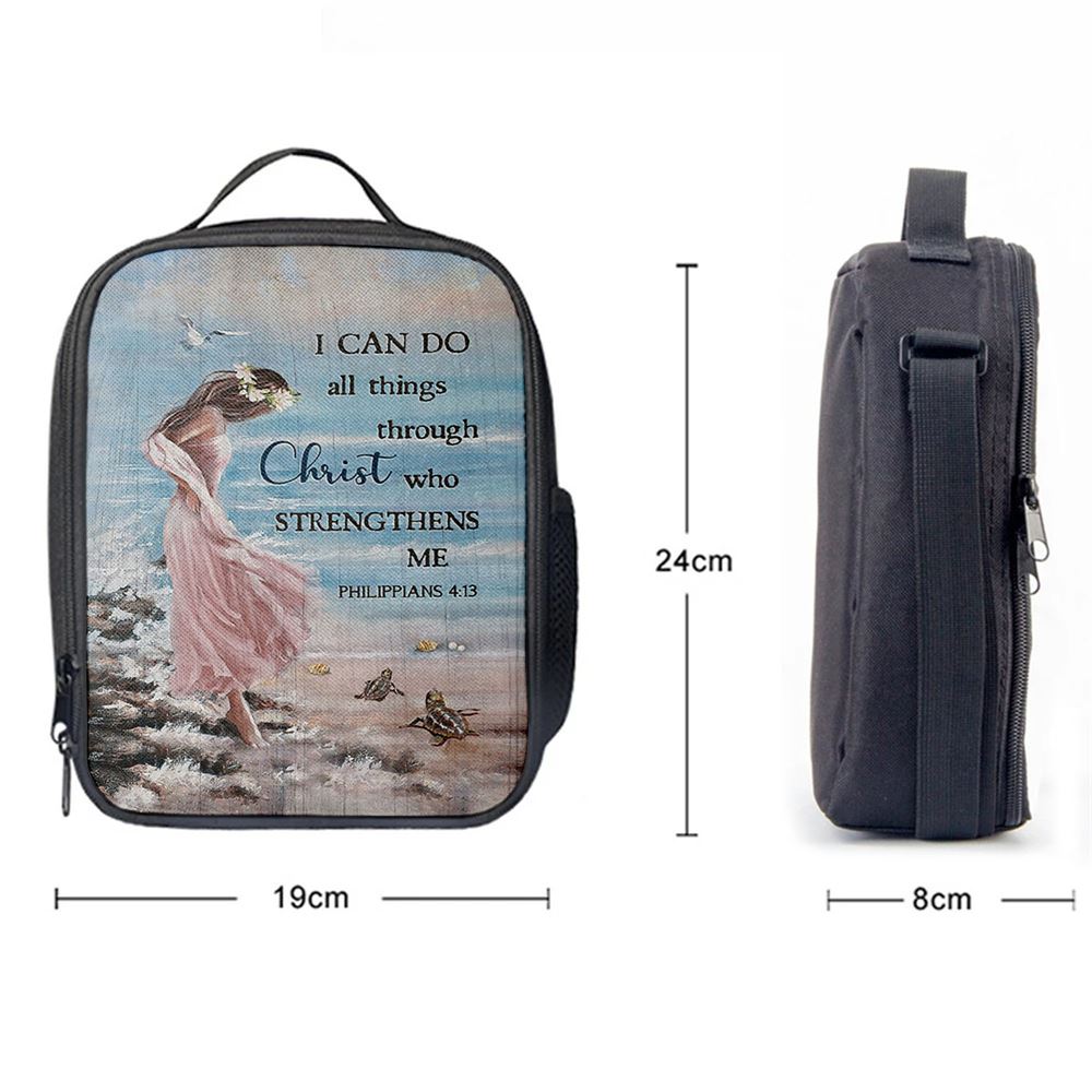 Girl In The Beach Turtle Blue Beach Lunch Bag, I Can Do All Things Through Christ Lunch Bag, Christian Lunch Bag, Religious Lunch Box For School