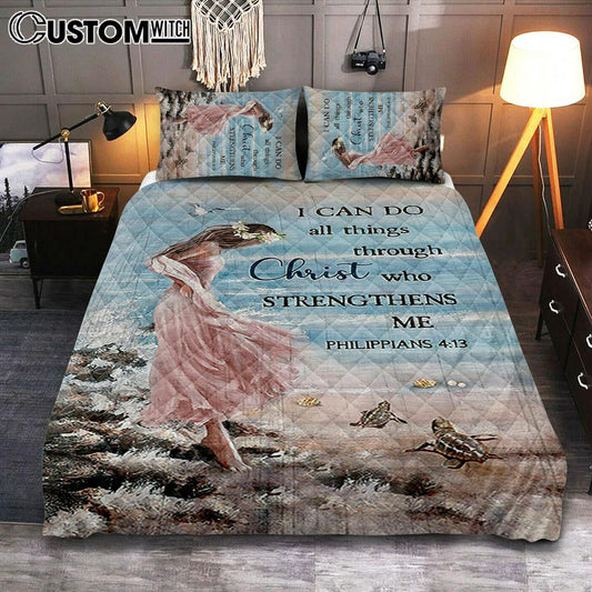 Girl In The Beach Turtle Blue Beach Quilt Bedding Set - I Can Do All Things Through Christ Quilt Bedding Set Bedroom - Bible Verse Quilt Bedding Set Art