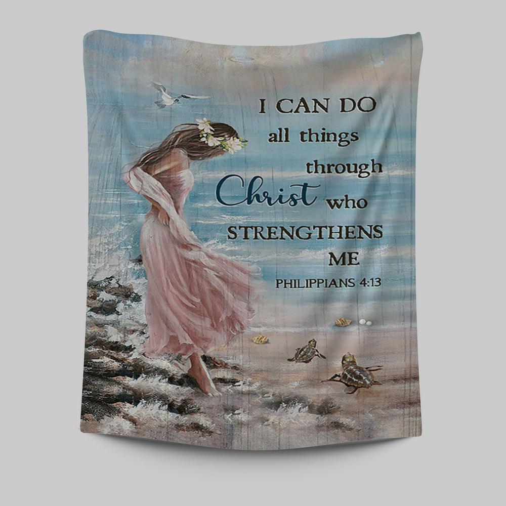 Girl In The Beach Turtle Blue Beach Tapestry - I Can Do All Things Through Christ Tapestry Wall Art - Bible Verse Tapestry Art