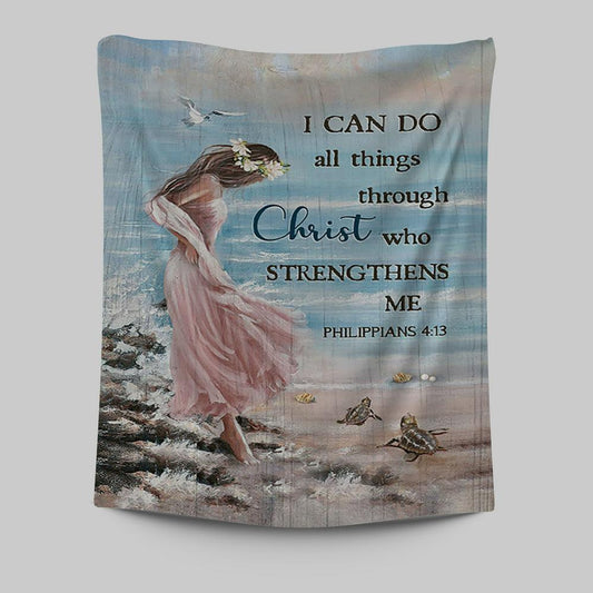 Girl In The Beach Turtle Blue Beach Tapestry - I Can Do All Things Through Christ Tapestry Wall Art - Bible Verse Tapestry Art