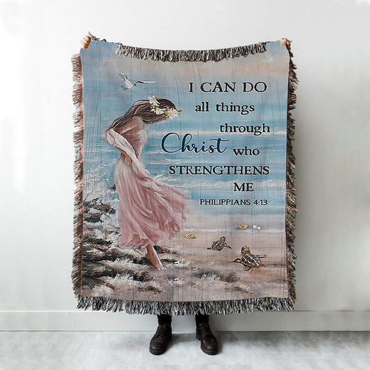 Girl In The Beach Turtle Blue Beach Woven Blanket - I Can Do All Things Through Christ Woven Throw Blanket - Bible Verse Woven Blanket Art