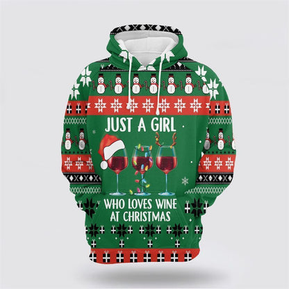 Girl Loves Wine At Christmas All Over Print 3D Hoodie For Men & Women, Christmas Hoodie Cute, Christmas Gift, Christmas Fashion