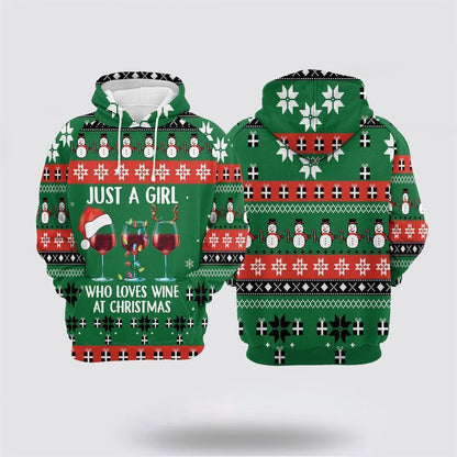 Girl Loves Wine At Christmas All Over Print 3D Hoodie For Men & Women, Christmas Hoodie Cute, Christmas Gift, Christmas Fashion