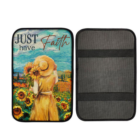 Girl Painting, Sunflower Garden, Blue Sky, Just Have Faith Car Center Console Cover, Car Armrest Pad, Christian Gift, Armrest Box Mat