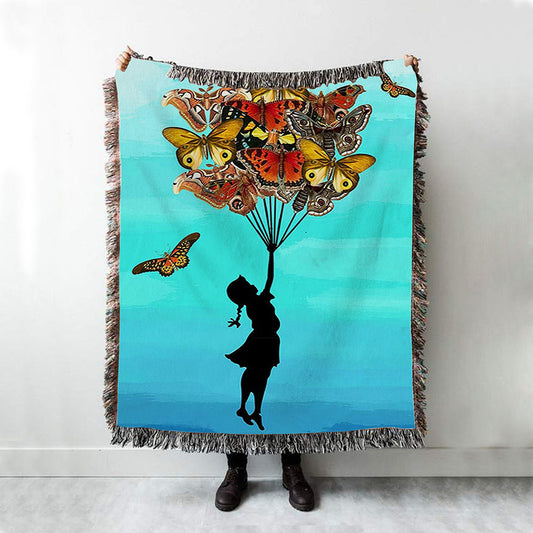 Girl With Butterflies Bouquet Woven Throw Blanket - Decorations For Toddler, Kids Room, Nursery - Gift For Moms