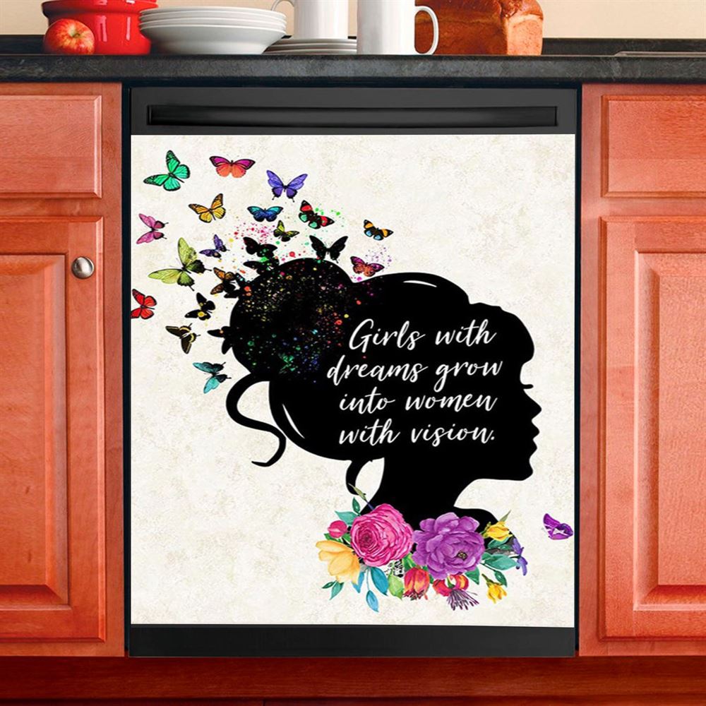 Girls With Dream Grows Into Women With Vision Dishwasher Cover, Affirmations Dishwasher Magnet Cover, Toddler Kids Little Girls Bedkitchen Decor