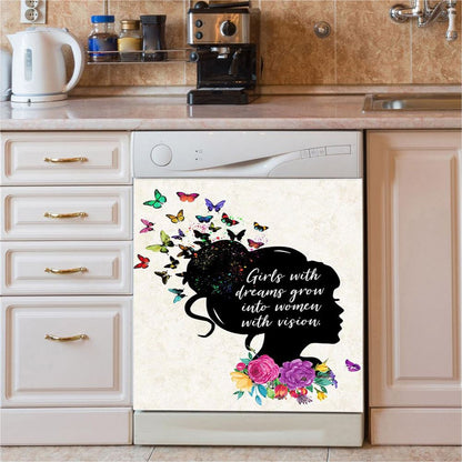 Girls With Dream Grows Into Women With Vision Dishwasher Cover, Affirmations Dishwasher Magnet Cover, Toddler Kids Little Girls Bedkitchen Decor