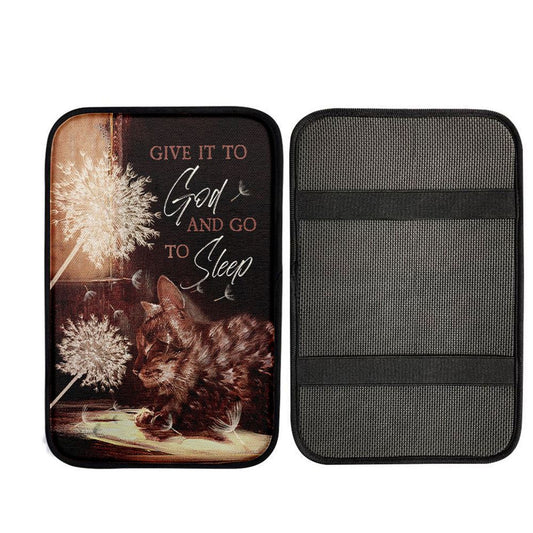 Give It To God And Go To Sleep Beautiful Dandelion Cat Car Center Console Cover, Christian Car Armrest Accessories