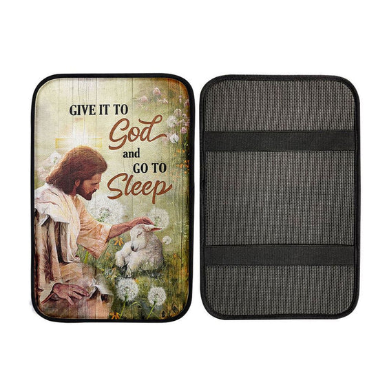 Give It To God And Go To Sleep Car Armrest Pad - Jesus Baby Lamb Dandelion Field Car Center Console Cover, Christian Car Armrest Accessories