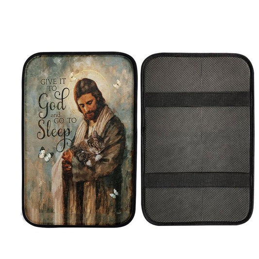 Give It To God And Go To Sleep Jesus Little Cat Butterfly Car Center Console Cover, Christian Car Armrest Accessories