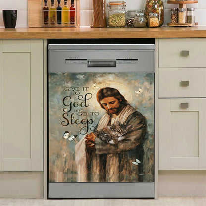 Give It To God And Go To Sleep Jesus Little Cat Butterfly Dishwasher Cover, Christian Dishwasher Stickers, Bible Verse Kitchen Decor