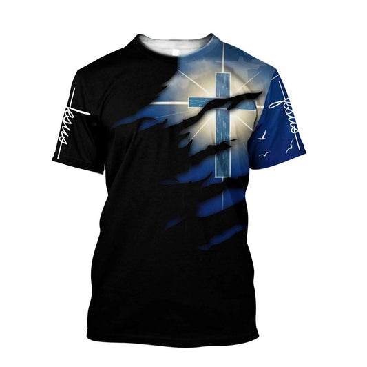 Glowing Light Cross Black And Blue Color Jesus Unisexs All Over Print 3D T-Shirt, Gift For Christian, Jesus Shirt