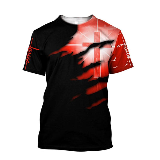 Glowing Light Cross Black And Red Color Jesus Unisexs All Over Print 3D T-Shirt, Gift For Christian, Jesus Shirt