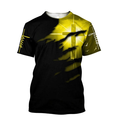 Glowing Light Cross Black Color Jesus Unisex All Over Print 3D T-Shirt, Gift For Christian, Jesus Shirt