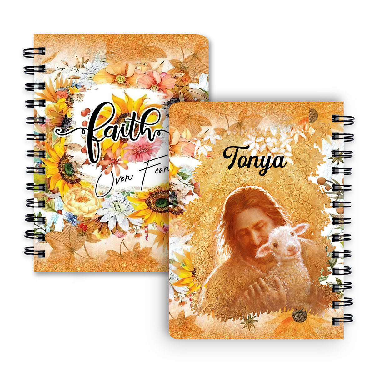God And Lamb Faith Over Fear Personalized Sunflower Spiral Journal, Spiritual Gift Faith For Christians