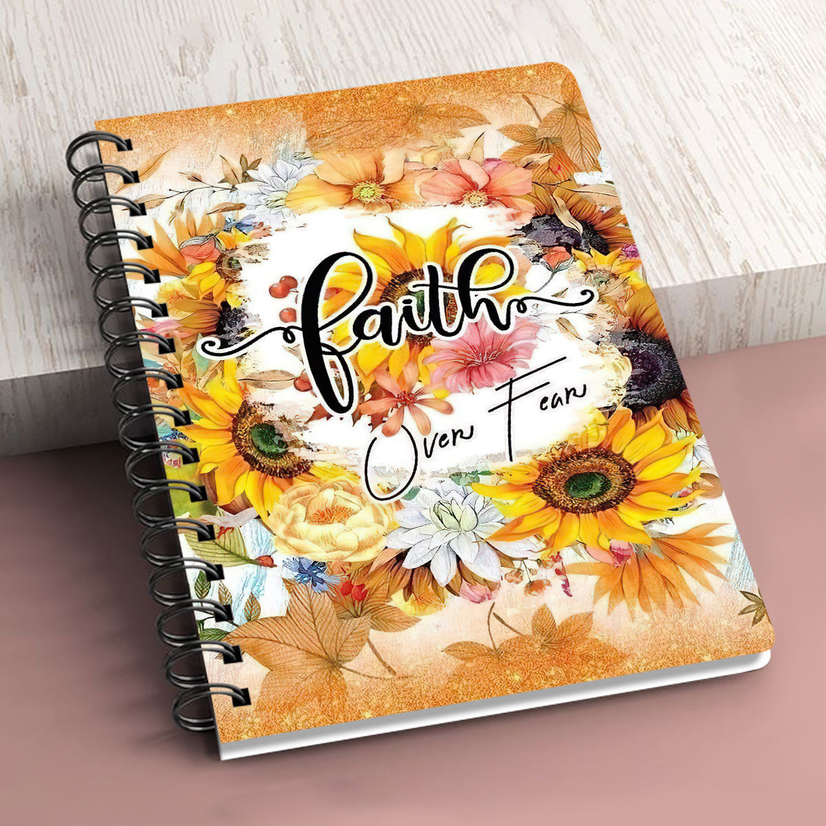 God And Lamb Faith Over Fear Personalized Sunflower Spiral Journal, Spiritual Gift Faith For Christians