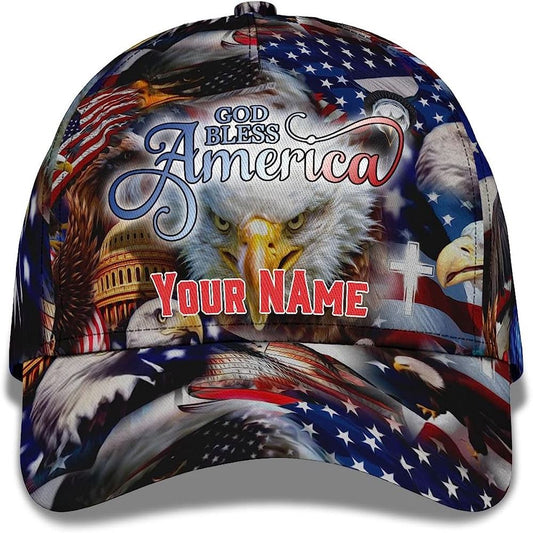 God Bless America Bald Eagles America Flag Custom Name Baseball Cap, Christian Baseball Cap, Religious Cap, Jesus Gift, Jesus Hat