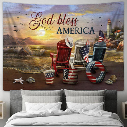 God Bless America Beach Chair American Flag Tapestry Wall Art - Bible Verse Tapestry - Religious Tapestry Wall Hanging