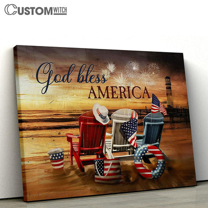 God Bless America Beach Chairs American Flag Firework Sunset Beach Canvas Wall Art - Bible Verse Canvas - Religious Prints